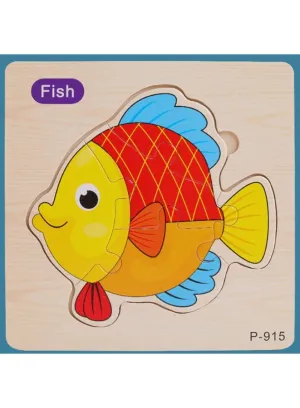 3D Wooden Jigsaw Puzzle Early Learning Toy for Children, Animal Set, Fish
