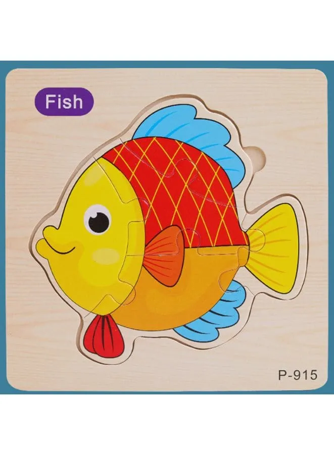 3D Wooden Jigsaw Puzzle Early Learning Toy for Children, Animal Set, Fish