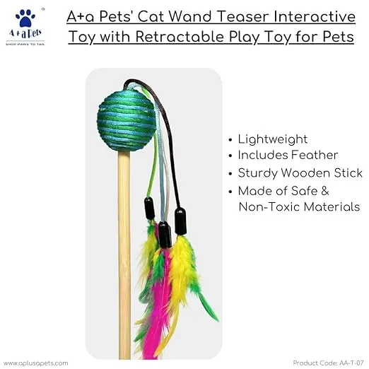 A a Pets' Cat Wand Teaser Interactive Toy with Round Feather Play - Green