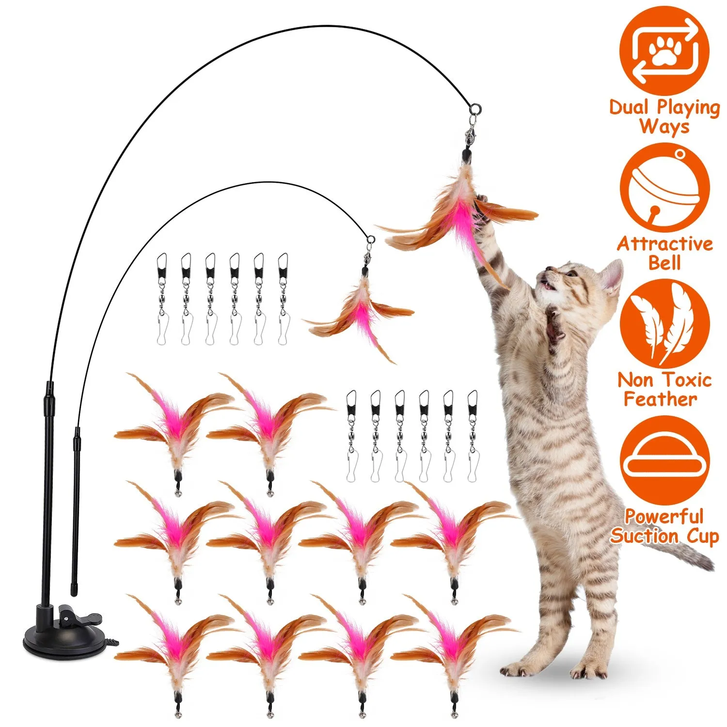 Cat Feather Wand Rod with 12 Pieces Feather Replacements for Cats