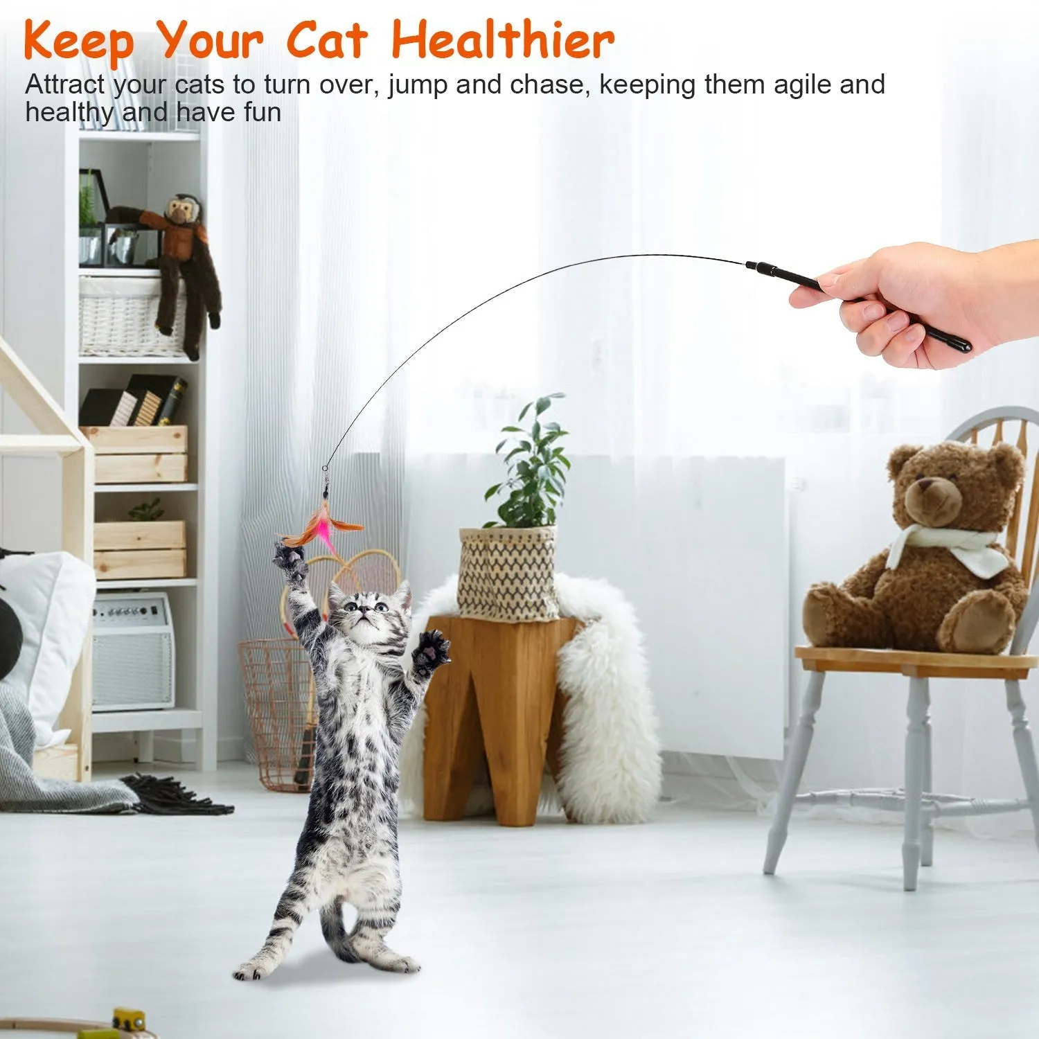 Cat Feather Wand Rod with 12 Pieces Feather Replacements for Cats