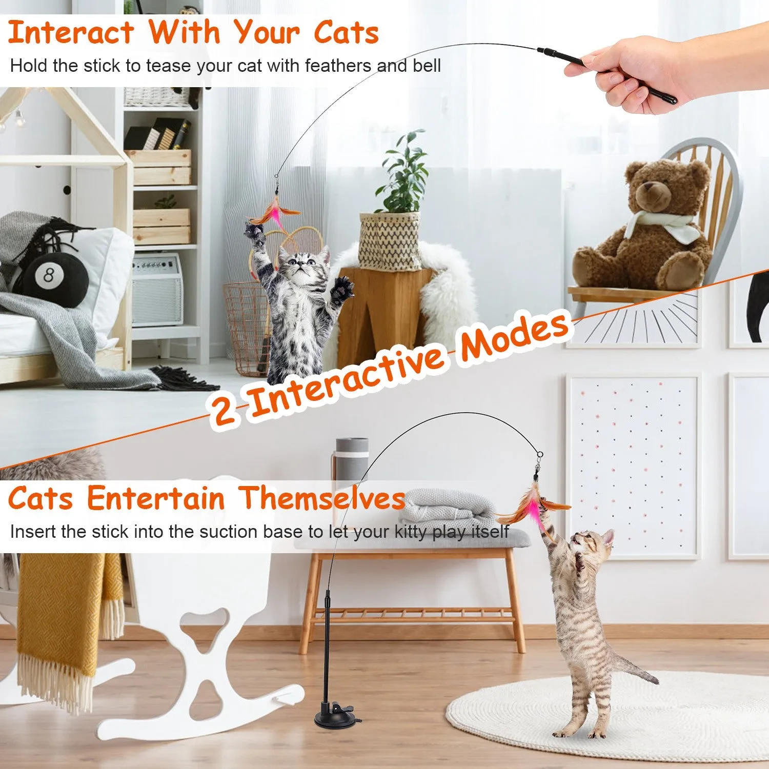 Cat Feather Wand Rod with 12 Pieces Feather Replacements for Cats
