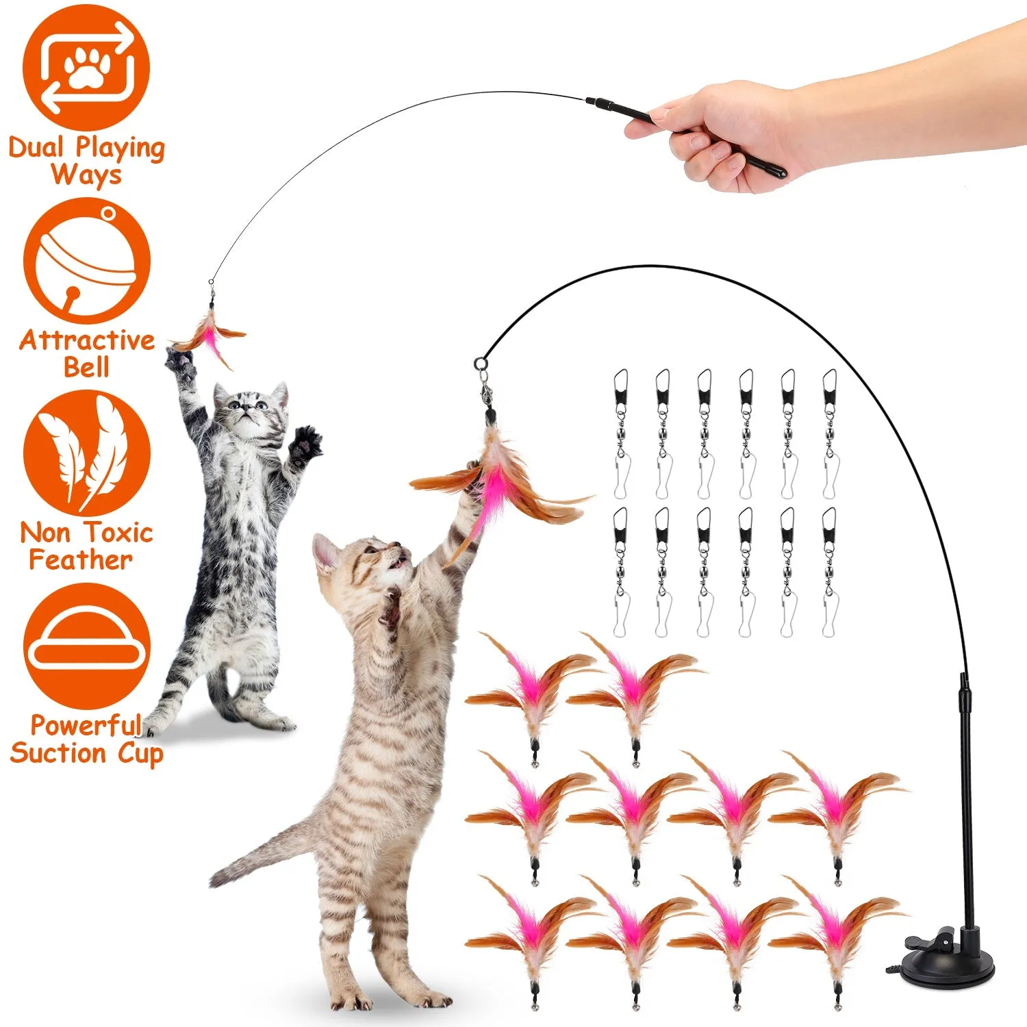 Cat Feather Wand Rod with 12 Pieces Feather Replacements for Cats