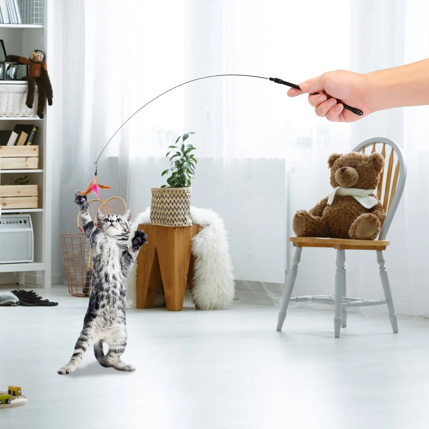 Cat Feather Wand Rod with 12 Pieces Feather Replacements for Cats