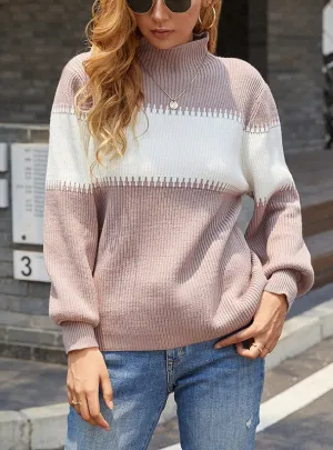 Collar Lantern Sleeve Stitching Color Contrast Sweater