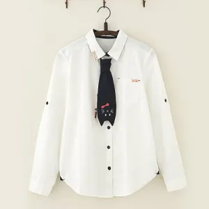 Cute Cat Tie Wooden Buckle Shirt