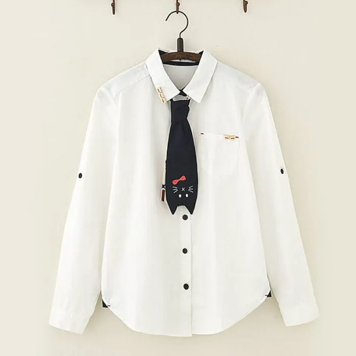 Cute Cat Tie Wooden Buckle Shirt