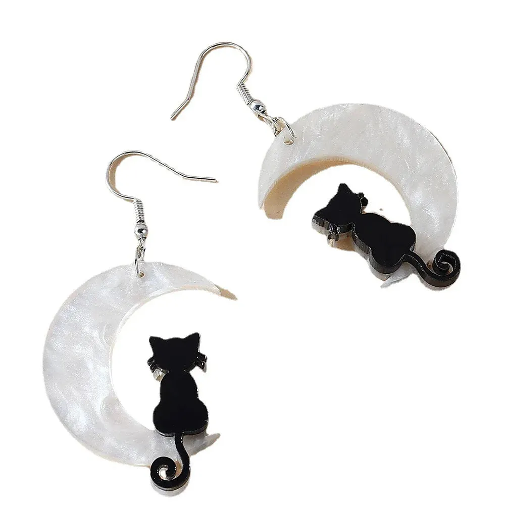 Cute Dark Moon Cat Acrylic Earrings