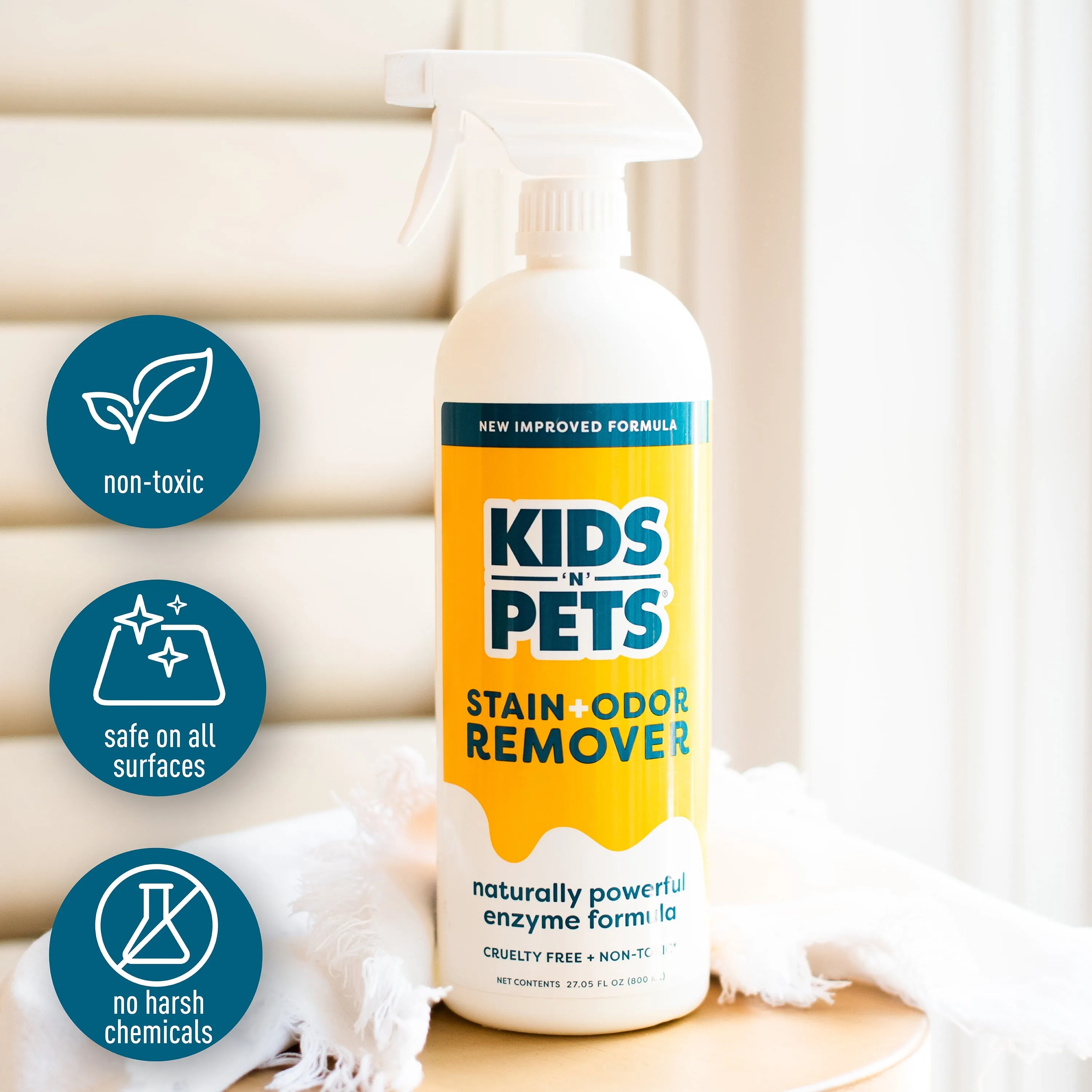Kids 'N' Pets - Instant All-Purpose Stain & Odor Remover – 27 fl oz - Permanently Eliminates Tough Stains & Odors – Including Urine Odors - No Harsh Chemicals, Non-Toxic & Child Safe, Multi-Color