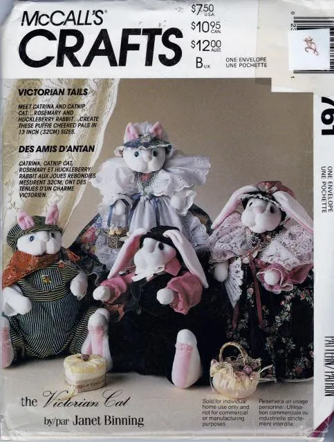 McCall's Crafts 761 Victorian Cat Bunny Stuffed Dolls and Clothes Sewing Pattern