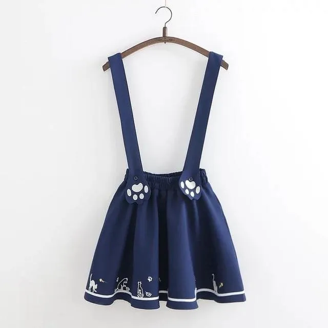 Suspender Skirt With Embroidered Cat Paw